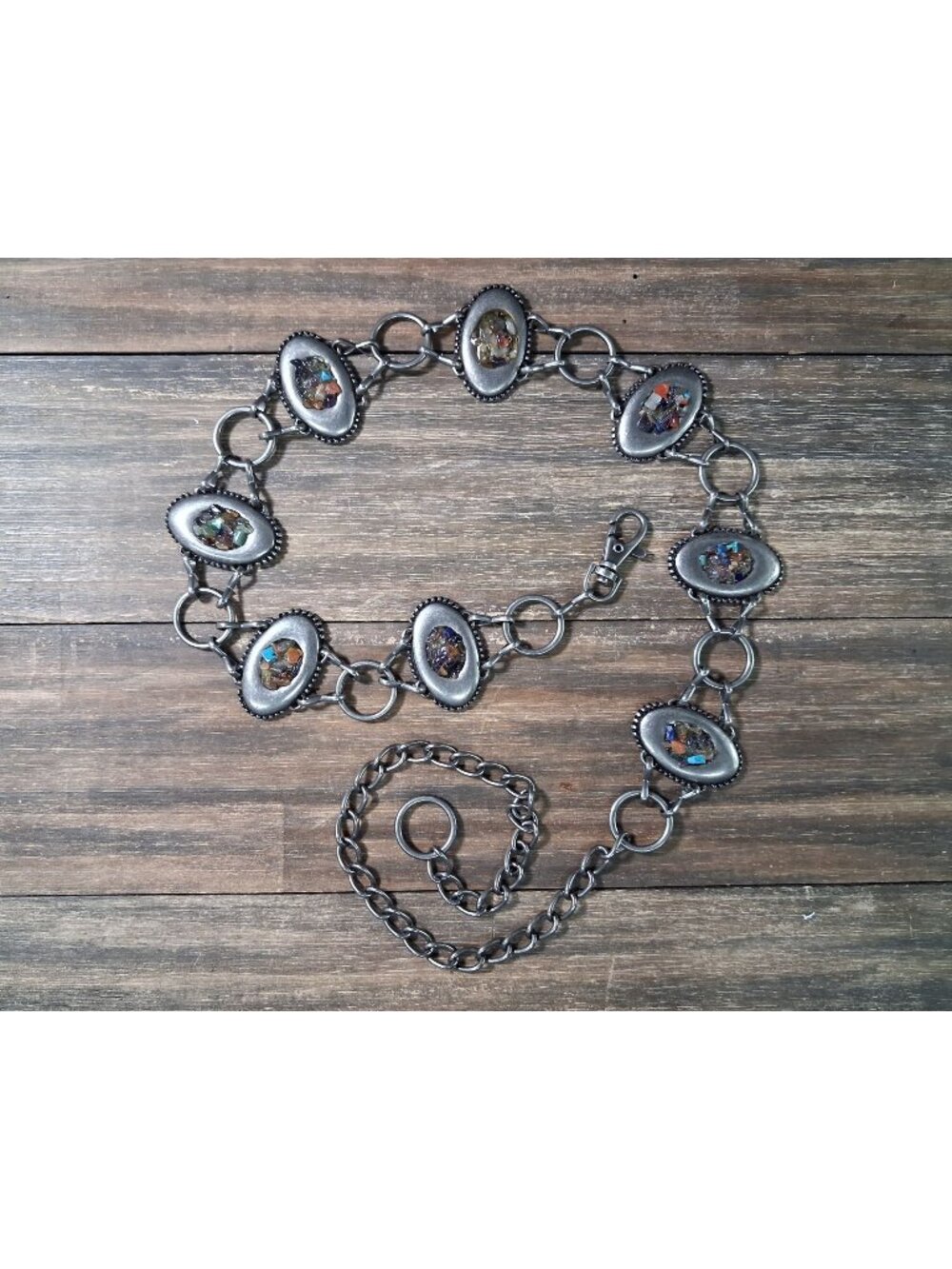 Vintage Southwestern Belt Metal Steel Coated Stones Linked Boho Style